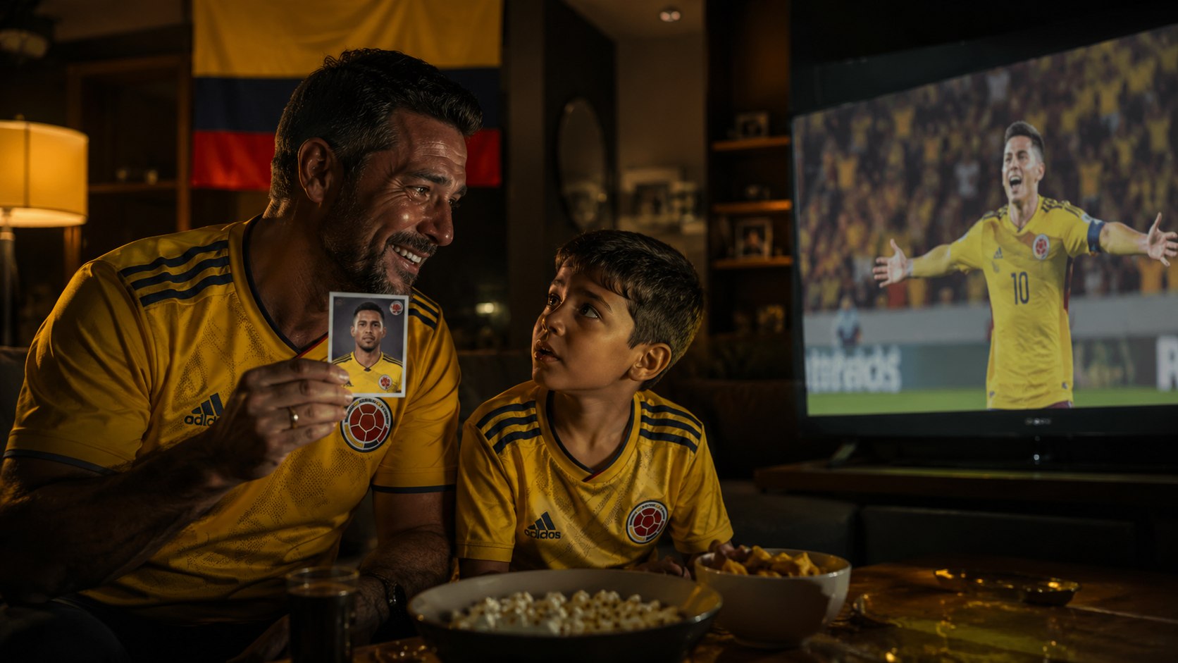 Padre e hijo viendo un partido de la Selección Colombia, sosteniendo una carta de James Rodríguez