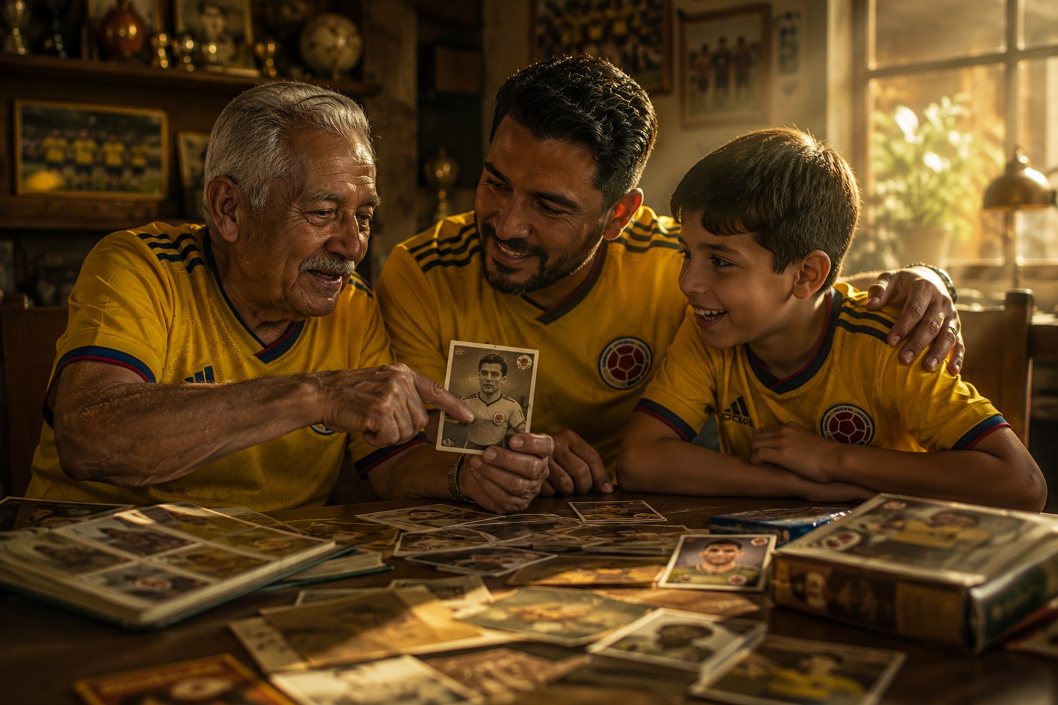 Abuelo, padre e hijo mirando juntos un álbum de figuritas de fútbol en familia