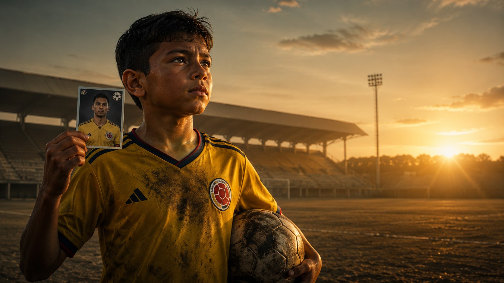 Niño con la camiseta de Colombia sosteniendo una carta de un jugador en un estadio al atardecer